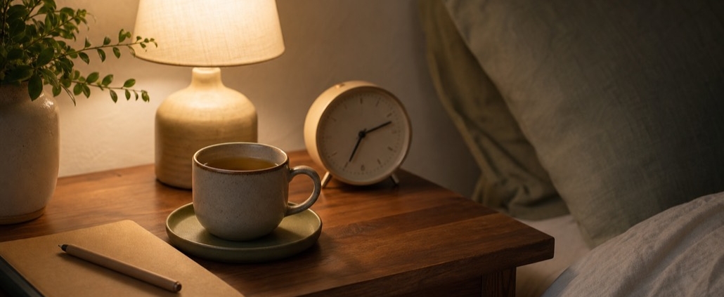 A quiet bedroom at night with a book and water on the bedside table