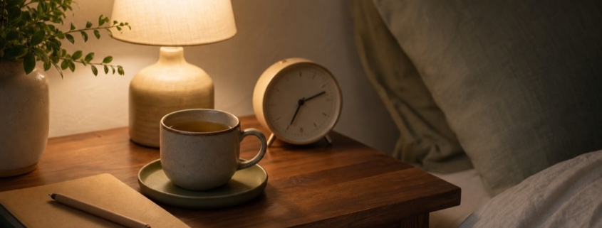 A quiet bedroom at night with a book and water on the bedside table