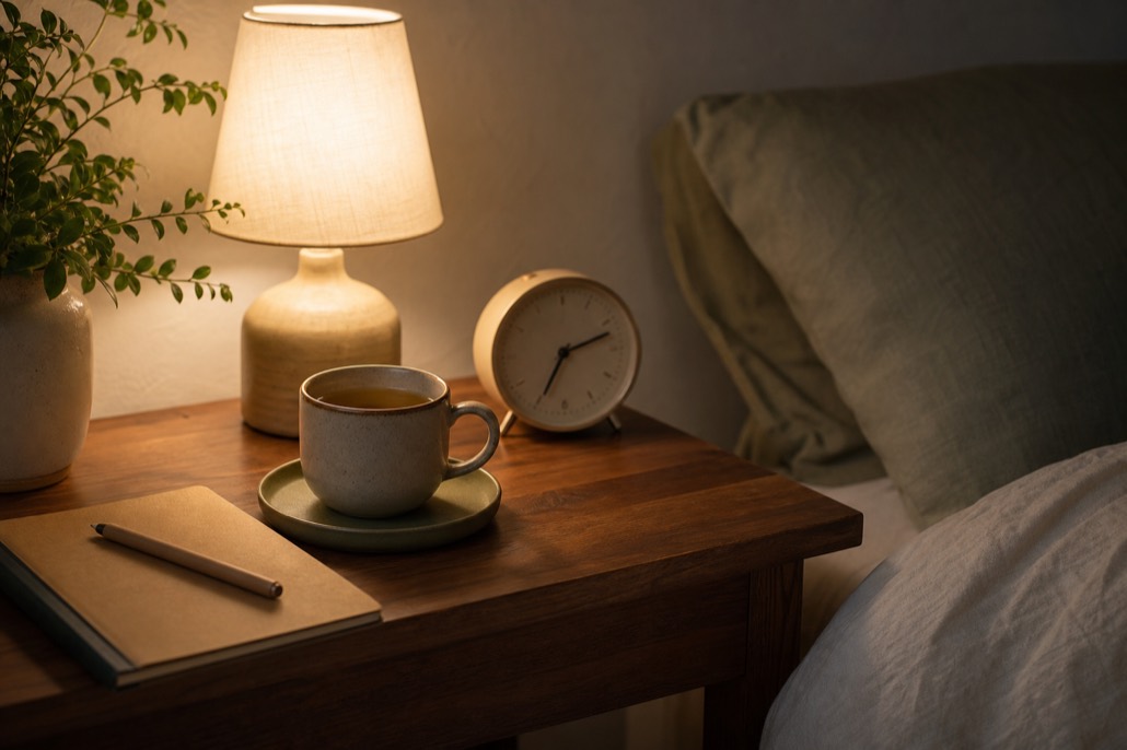 A quiet bedroom at night with a book and water on the bedside table