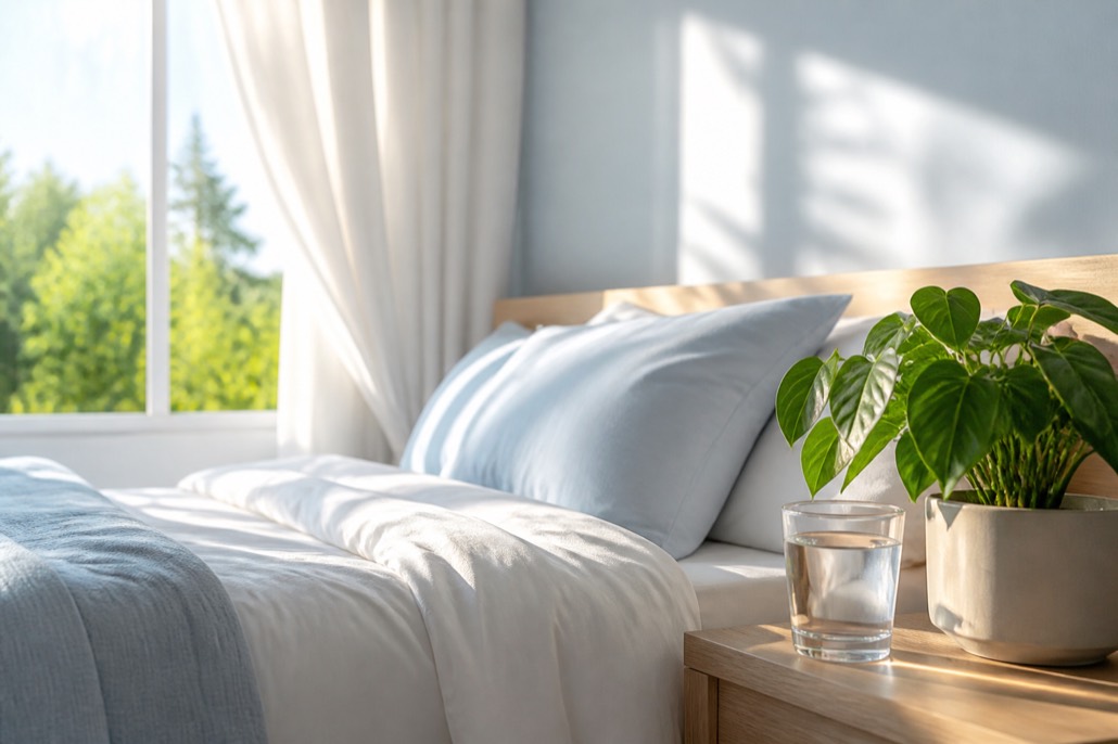A calm bedside table with tea, a notebook, and a dim lamp before sleep