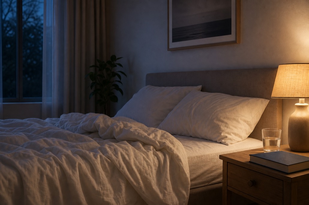 A bright bedroom in the morning with a made bed and a glass of water